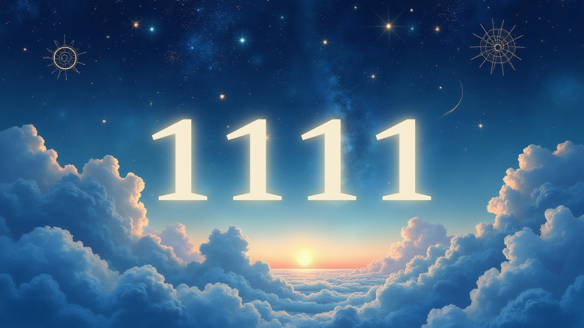 A soft, ethereal illustration for the angel number reading "1111 meaning". 1111 is often called a spiritual wake-up call, a number sequence that appears when your thoughts, intentions, and awareness are aligning with a new beginning. It invites you to notice what you were thinking or feeling the moment you saw it.