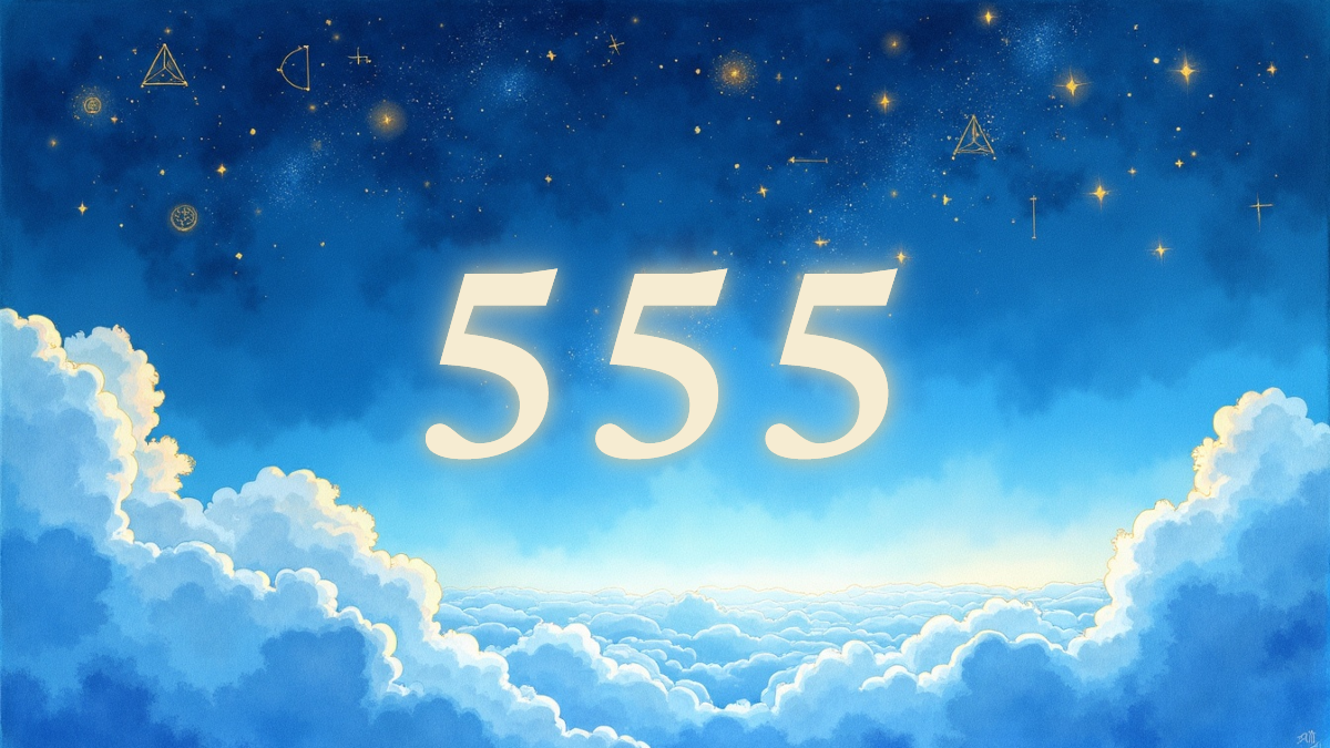 A soft, ethereal illustration for the angel number reading "555 angel number meaning". 555 is a number of sweeping change, signaling that old structures are dissolving to make room for growth you have already been sensing coming. It asks you to trust transformation rather than fear it, and to meet the unknown with steady, open hands.