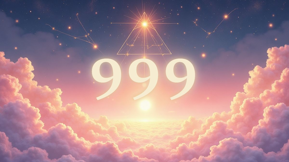 A soft, ethereal illustration for the angel number reading "999 angel number". 999 is a number of completion and release, signaling that a significant chapter of your life is drawing to a close so something truer can take its place. It asks you to trust the wisdom of endings as much as the promise of beginnings.