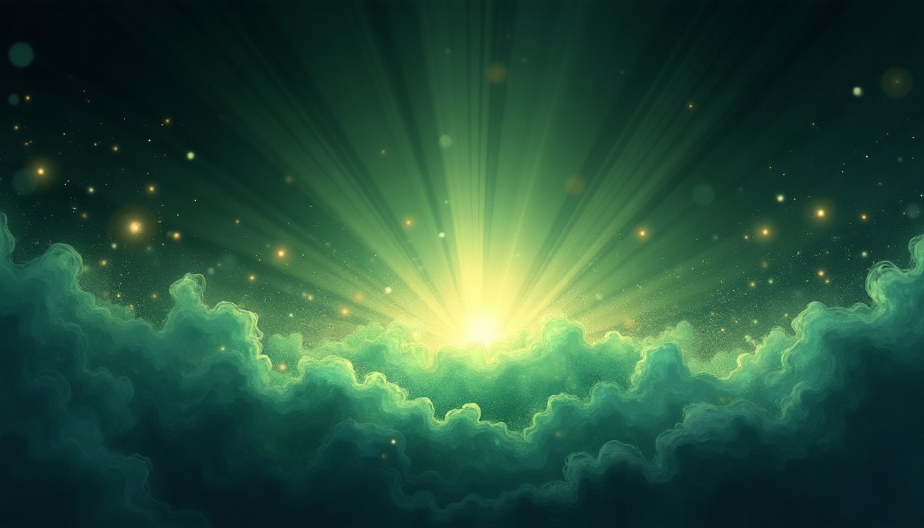 A soft, ethereal illustration for the aura colour reading "Emerald green aura meaning". An emerald green aura speaks of a heart that has learned to balance care for others with care for itself, radiating growth, renewal, and quiet abundance. It suggests someone whose compassion is grounded, practical, and rooted in genuine emotional depth rather than self-sacrifice.