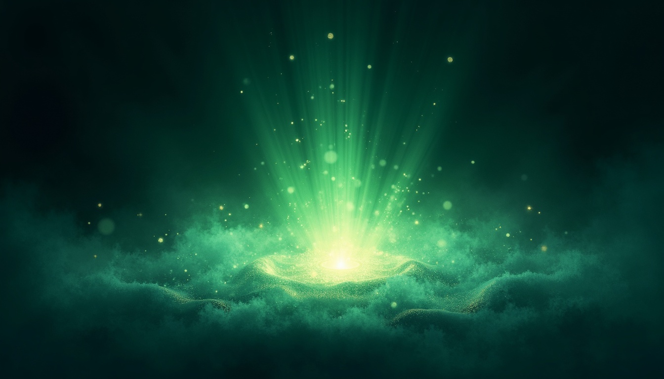 A soft, ethereal illustration for the aura colour reading "Green and purple aura meaning". A green and purple aura blends the heart's steady growth with the crown's reach toward mystery, suggesting a person who tends both the practical garden of daily life and the invisible questions that hover above it. Together they speak of a healer's instinct paired with a seeker's imagination.