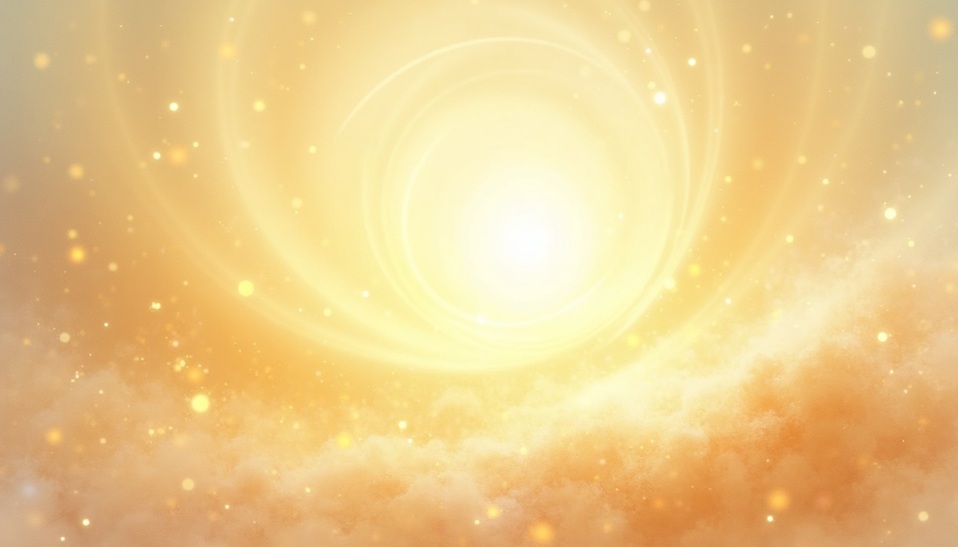 A soft, ethereal illustration for the aura colour reading "Yellow aura personality". A yellow aura speaks to a sunny, mentally active nature, one that thinks in bright bursts, connects easily with others, and carries an optimism that can uplift a whole room. Its shadow side surfaces as scattered energy, worry disguised as overthinking, or a fear of being truly seen beneath the cheer.