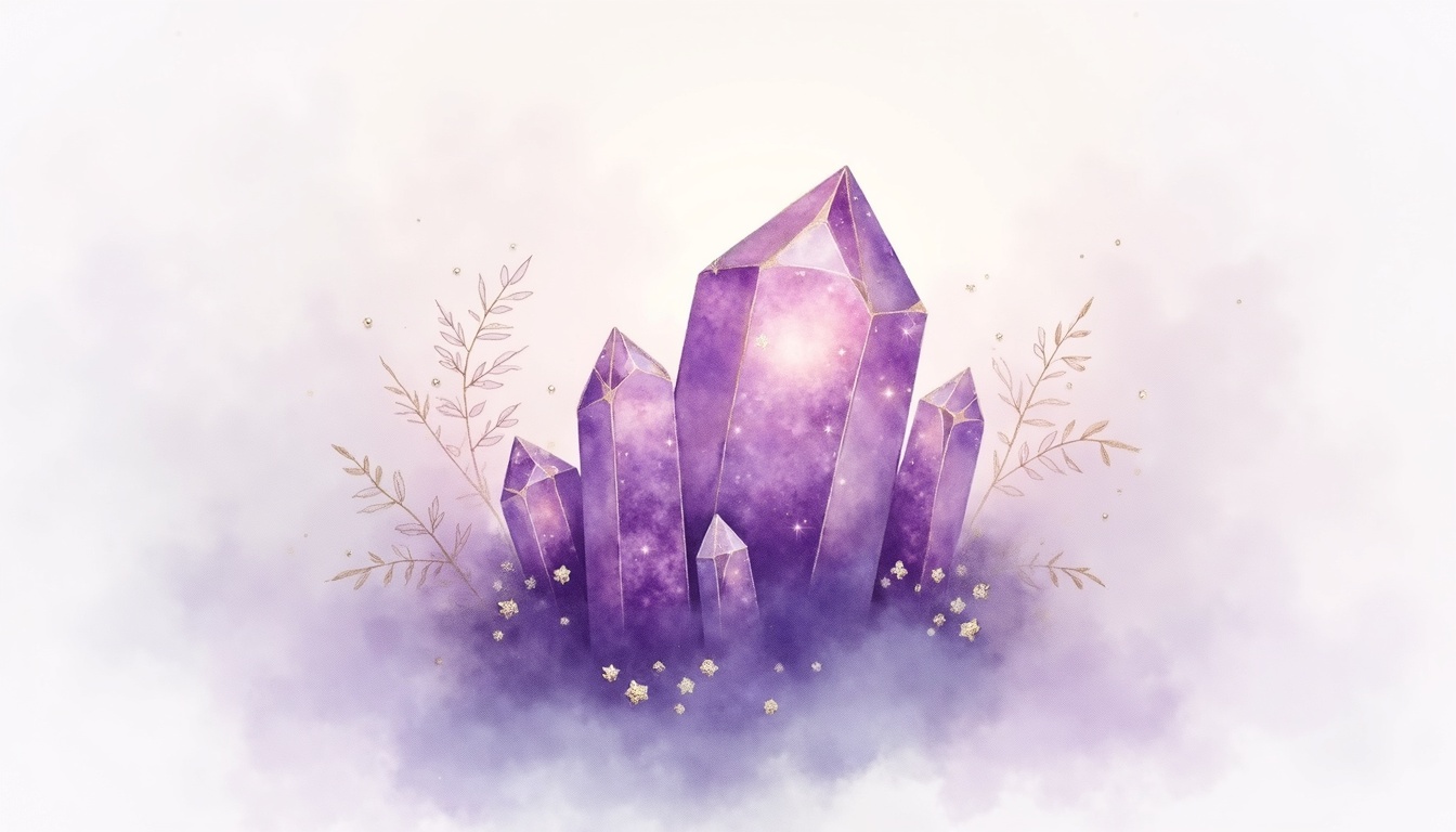 A soft, ethereal illustration for the crystal reading "Amethyst meaning". Amethyst is a violet quartz long associated with calm, clarity, and spiritual attunement, prized historically as a stone of sobriety and protection and embraced today as a companion for reflection, intuition, and inner balance.