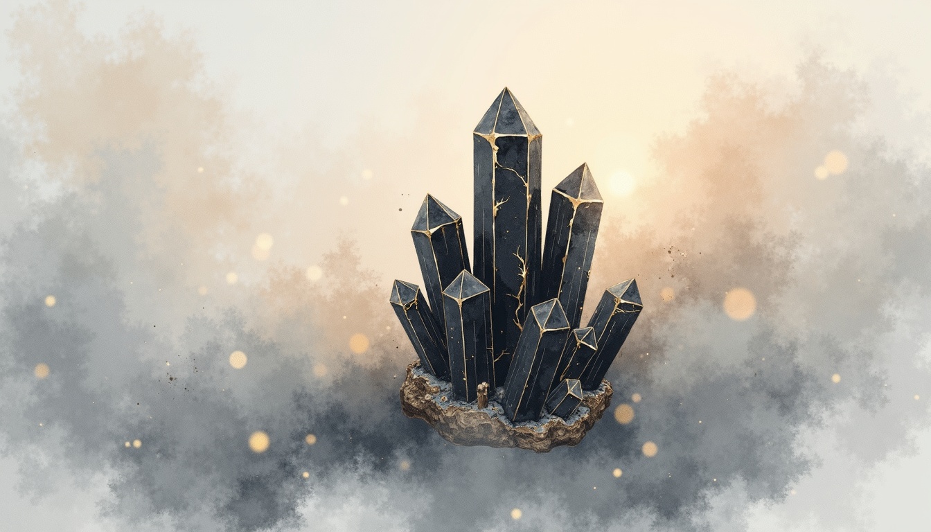 A soft, ethereal illustration for the crystal reading "Black tourmaline meaning". Black tourmaline is widely regarded as a grounding, protective stone, associated with the root chakra, emotional boundaries, and the quiet work of clearing out what no longer serves you. Its meaning centers on stability, shielding, and honest self-reckoning rather than escapism.