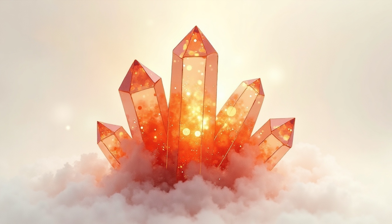 A soft, ethereal illustration for the crystal reading "Carnelian meaning". Carnelian is a stone of vitality and courage, traditionally linked to the sacral center, creativity, and the willingness to act rather than wait. Understanding its meaning invites a personal reflection on where you feel stagnant and what small brave step might restore your momentum.