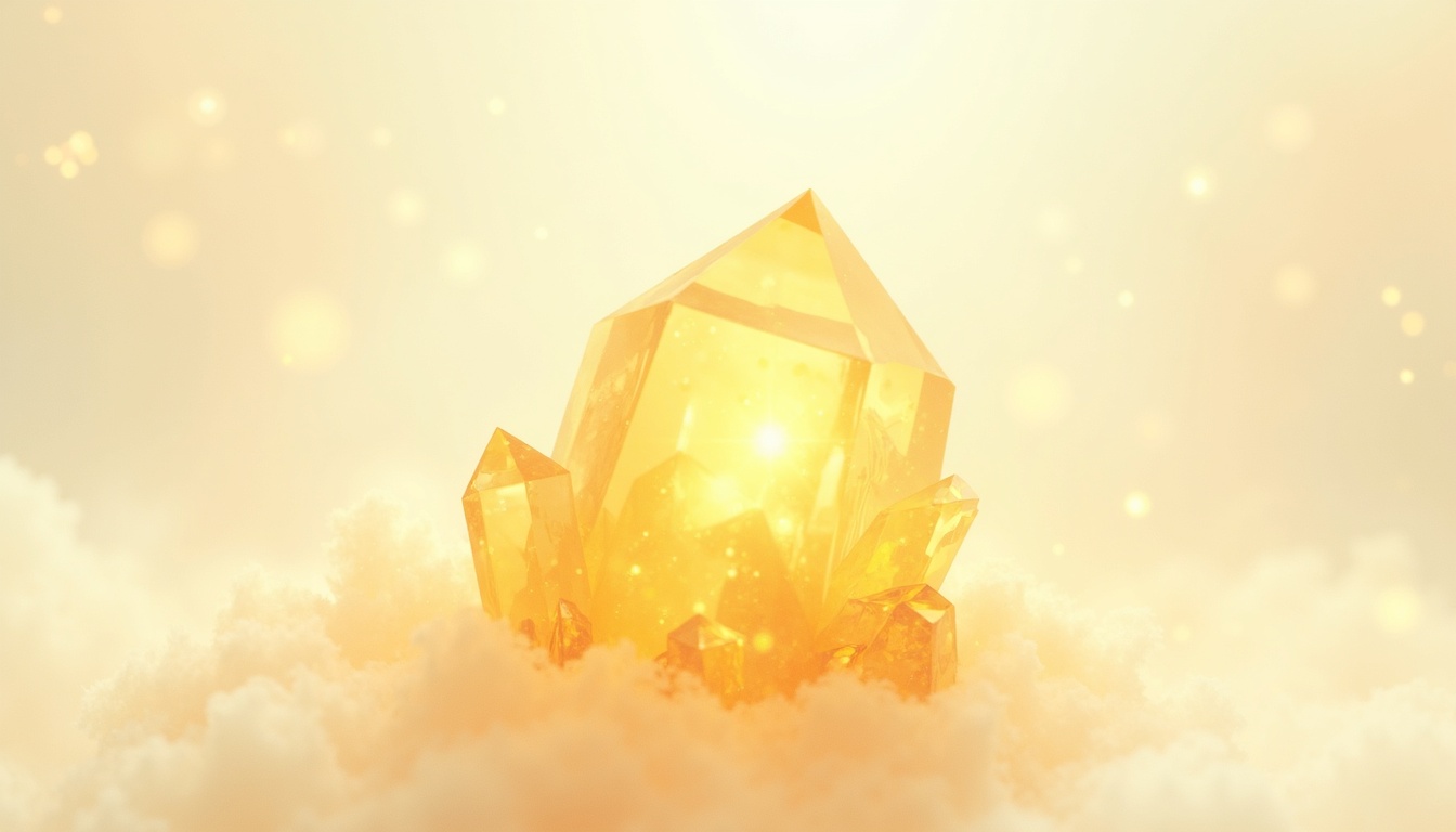 A soft, ethereal illustration for the crystal reading "Citrine meaning". Citrine is known as a stone of light and abundance, carrying a golden warmth that invites confidence, clarity, and a sense of renewal. Its meaning centers on personal empowerment, joyful energy, and the intentional cultivation of prosperity in one's life.