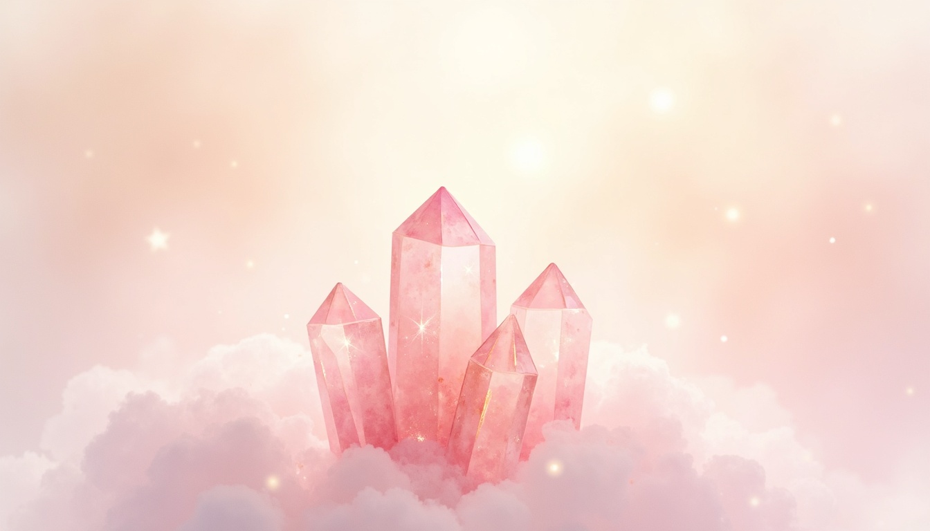 A soft, ethereal illustration for the crystal reading "Rose quartz meaning". Rose quartz is traditionally read as the stone of the heart, associated less with grand romance and more with the quieter, harder practice of turning compassion inward. Its meaning centers on self-regard, emotional repair, and the ongoing work of softening without becoming porous to others' demands.