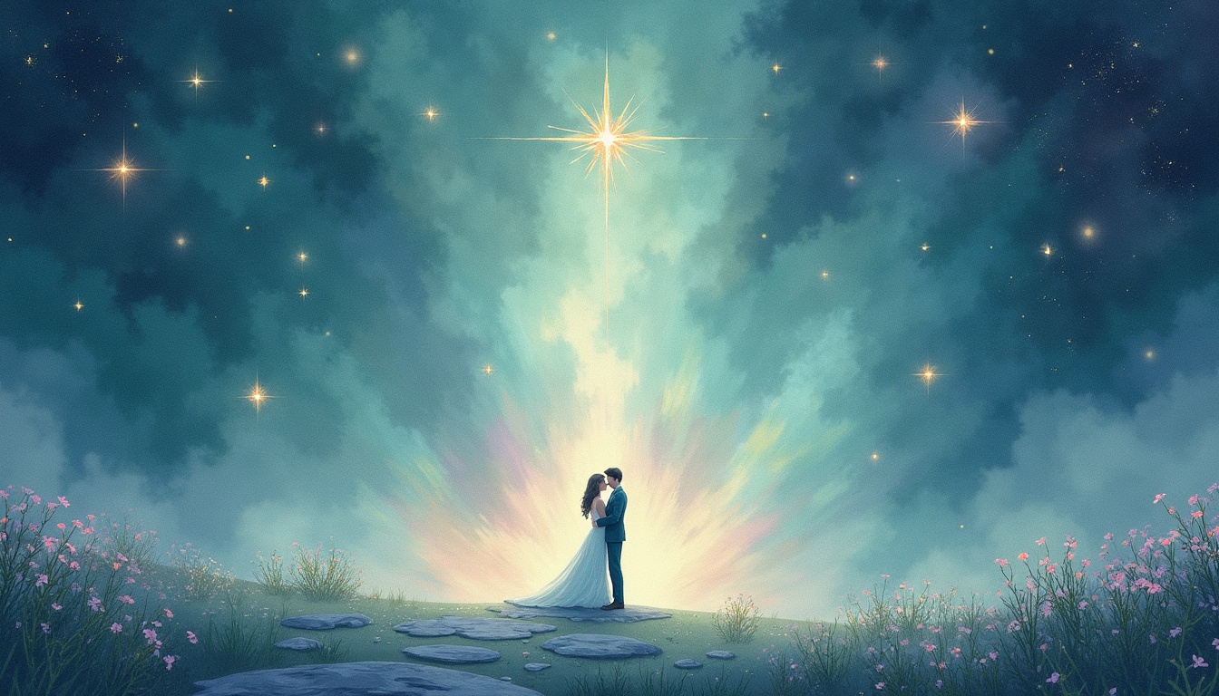 A soft, ethereal illustration for the dream reading "Dream about a wedding". A wedding in a dream rarely speaks literally about marriage. It tends to point toward union, commitment, and transition, the joining of different parts of your life or self into something newly whole.