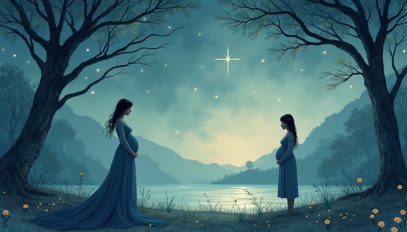 A soft, ethereal illustration for the dream reading "Dream about being pregnant". Dreaming of being pregnant often speaks to something new quietly forming within you, whether that is an idea, a relationship, a creative project, or a version of yourself still taking shape. It rarely predicts an actual pregnancy and instead points to inner growth, anticipation, and the tender vulnerability of carrying something not yet ready to be seen.