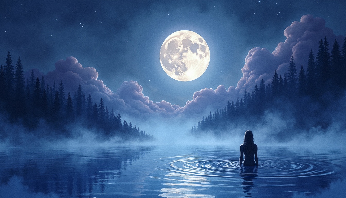 A soft, ethereal illustration for the dream reading "Dream about drowning". Dreams of drowning often surface when waking life feels emotionally overwhelming, as though something is pulling you under faster than you can process it. The water in these dreams tends to symbolize feelings, circumstances, or responsibilities that have grown larger than your current capacity to manage them.