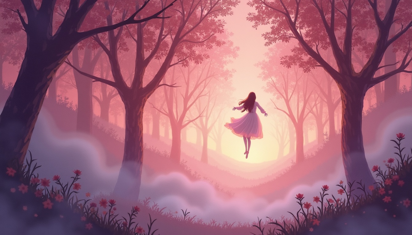A soft, ethereal illustration for the dream reading "Dream about falling". Falling in a dream often mirrors moments in waking life where control feels uncertain, whether that is a relationship, a job, or an internal sense of stability. Rather than a warning, it tends to reflect the mind processing where you feel unsupported or in transition.