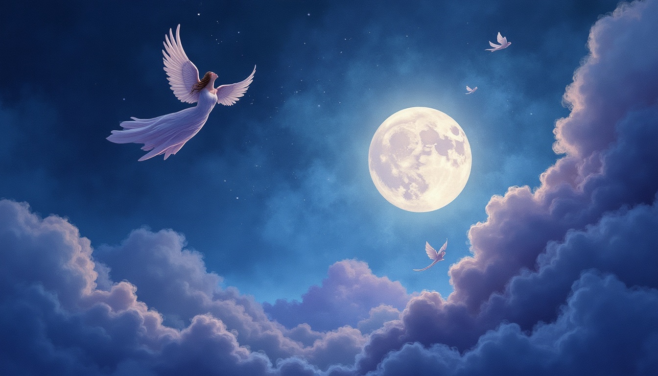 A soft, ethereal illustration for the dream reading "Dream about flying". Flying dreams often surface during moments when the psyche is testing the edges of its own freedom, reaching for release from something that has felt heavy, confining, or overly controlled in waking life.