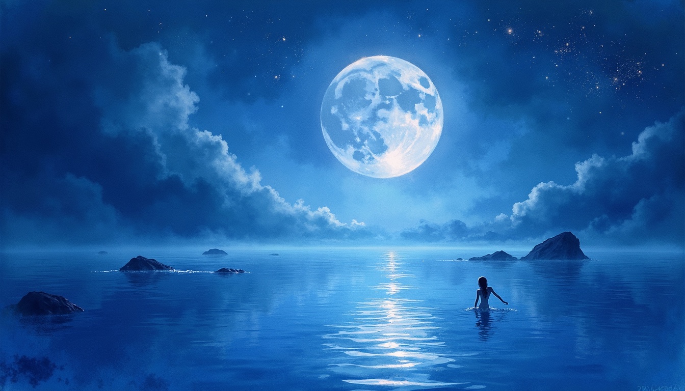 A soft, ethereal illustration for the dream reading "Dreaming about water". Dreaming about water often reflects the state of your emotional life, its calm or turbulence pointing to how you are processing feelings, change, and the parts of yourself that move beneath the surface of daily awareness.