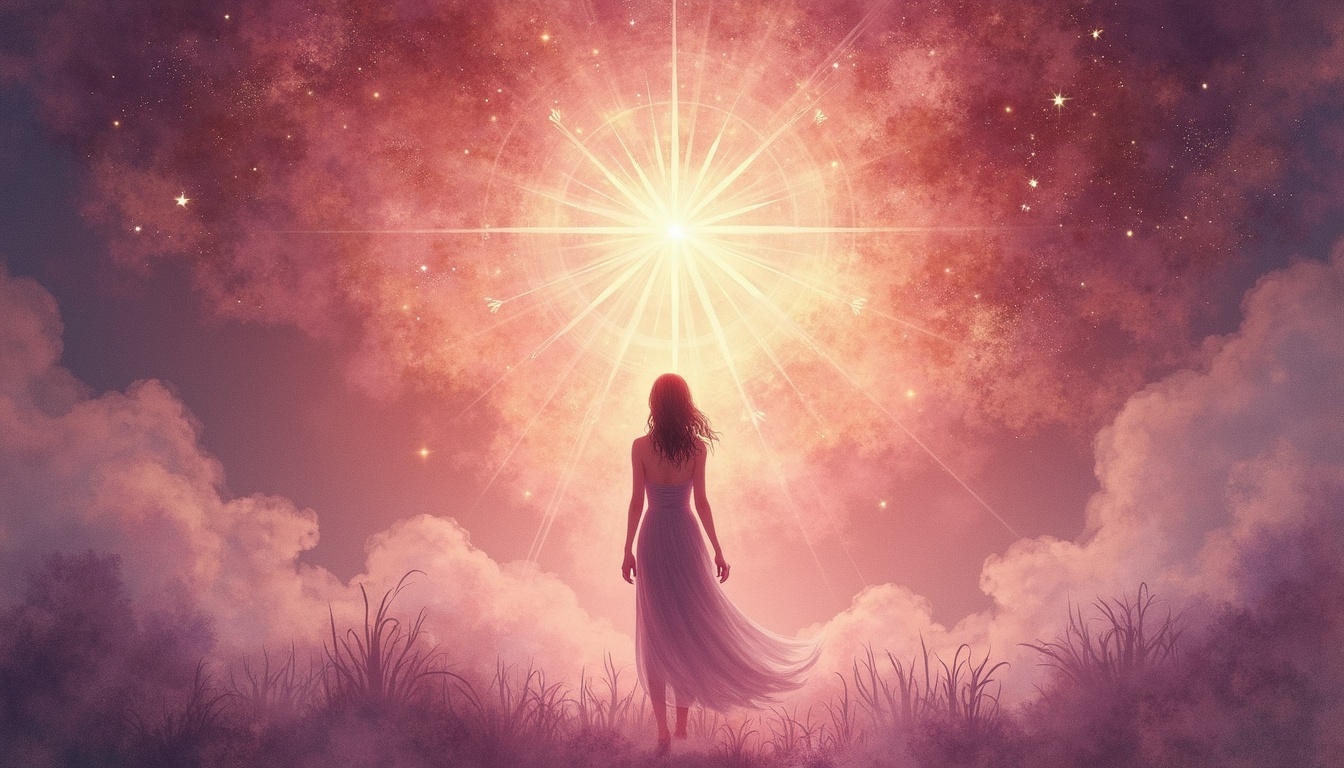 A soft, ethereal illustration for the tarot card reading "The star tarot meaning". The Star is a card of quiet renewal, appearing after difficulty to remind you that hope, healing, and trust in the future are returning, gently and without force.