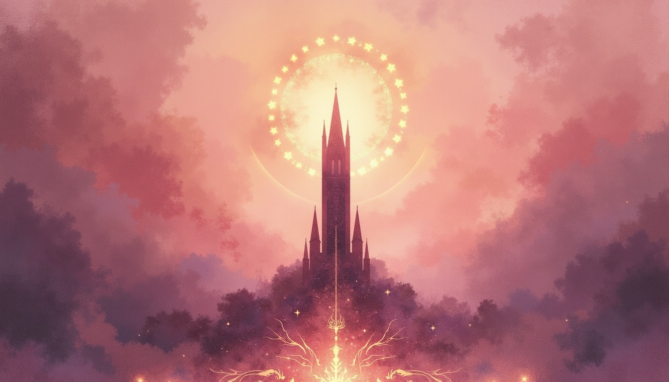 A soft, ethereal illustration for the tarot card reading "The tower tarot meaning". The Tower represents sudden upheaval that clears away false structures, and whether it appears upright or reversed shapes how that upheaval is felt and understood.