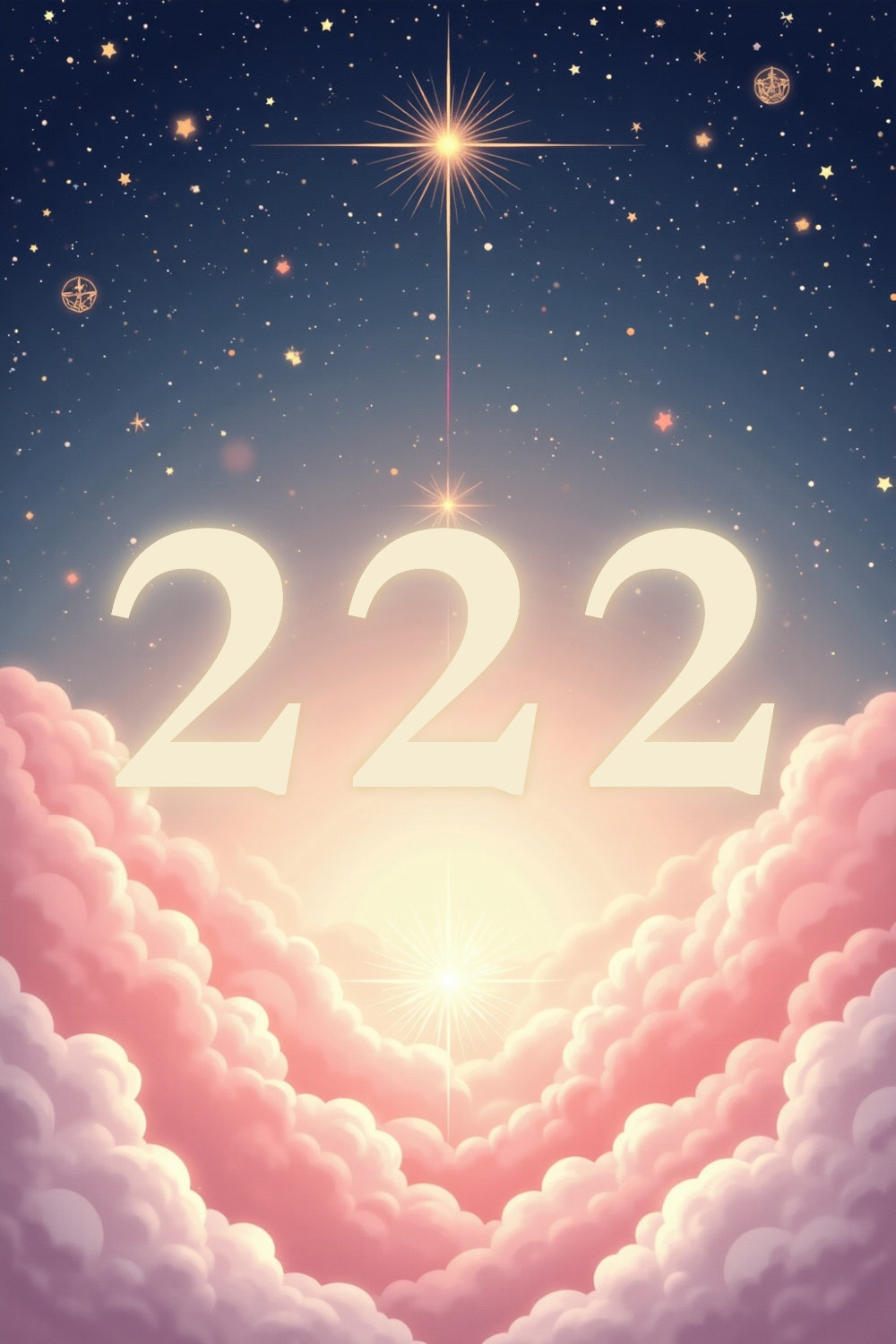A soft, ethereal illustration for the angel number reading "222 angel number meaning". 222 is a gentle nudge from the universe to trust the process during a season of growth that is happening quietly, beneath the surface. It speaks of balance, partnership, and the quiet power of patience.