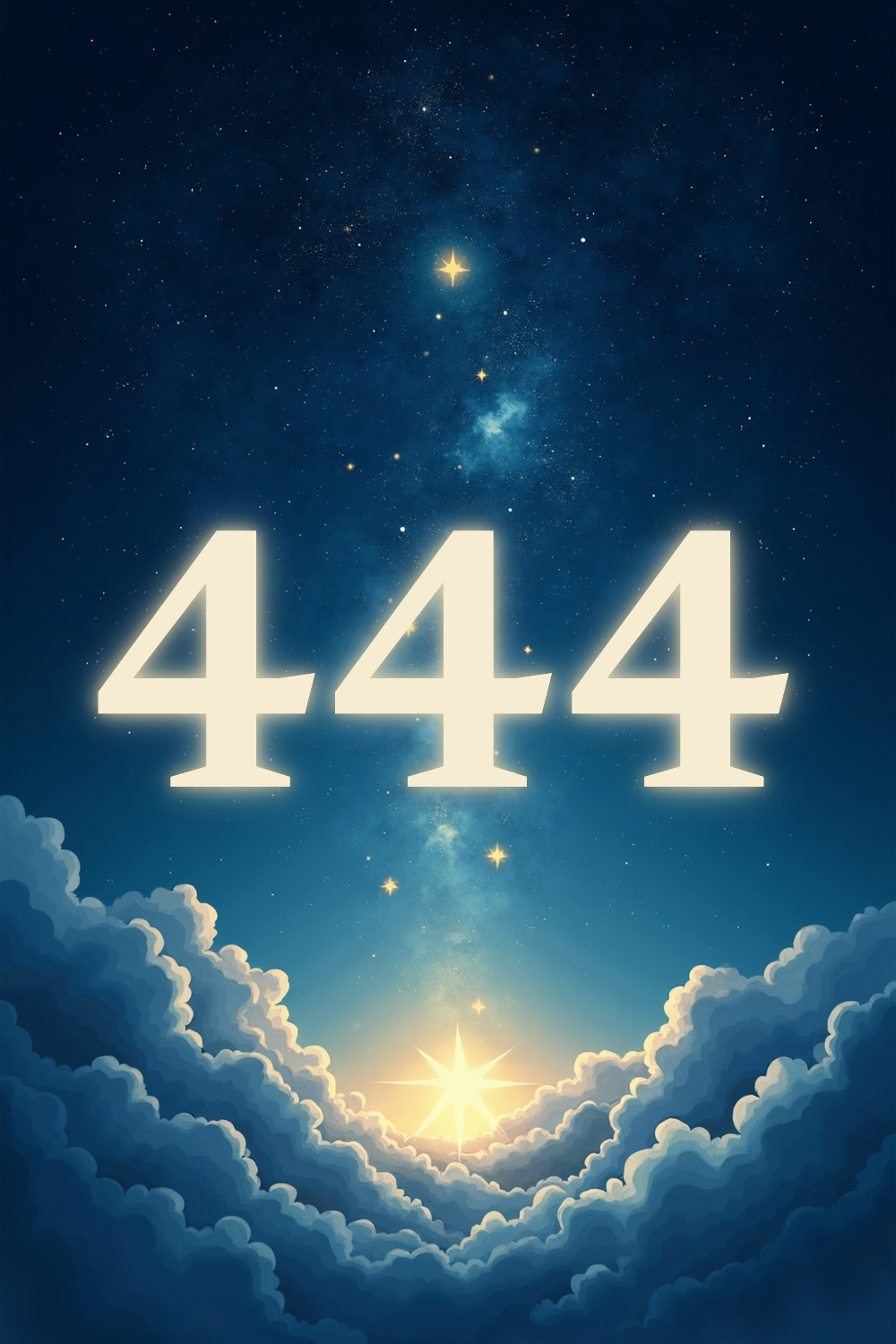 A soft, ethereal illustration for the angel number reading "444 angel number". 444 is a message of grounded reassurance from the universe, signaling that you are supported, protected, and building on stable foundations even when the path ahead feels uncertain. It often appears when steady effort and patient faith are quietly paying off.