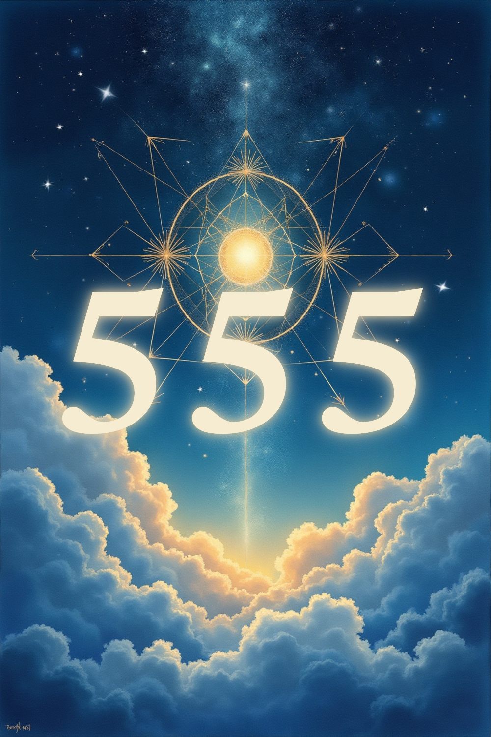 A soft, ethereal illustration for the angel number reading "555 angel number meaning". 555 is a number of sweeping change, signaling that old structures are dissolving to make room for growth you have already been sensing coming. It asks you to trust transformation rather than fear it, and to meet the unknown with steady, open hands.