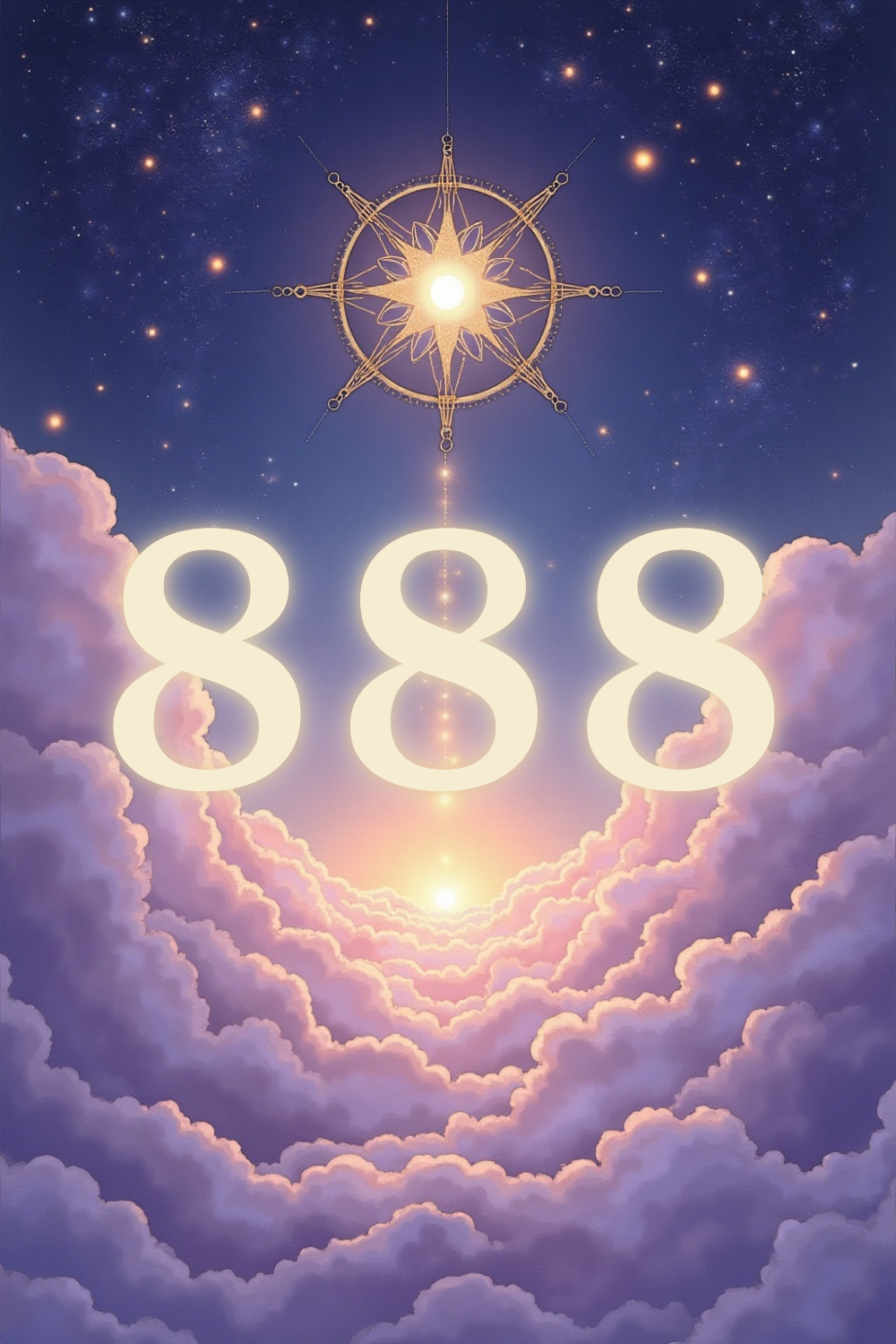 A soft, ethereal illustration for the angel number reading "888 angel number meaning". 888 is a number of flow and culmination, the universe's gentle way of showing you that effort, patience, and integrity are moving into balance and reward. It speaks to cycles completing and abundance arriving in fair measure.