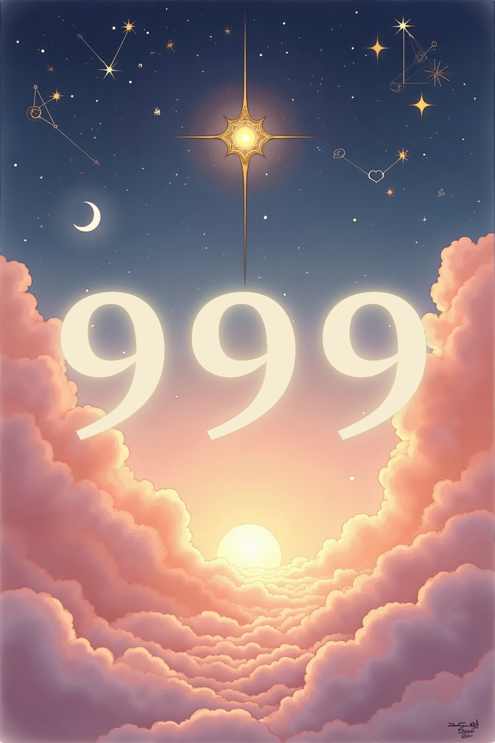 A soft, ethereal illustration for the angel number reading "999 angel number". 999 is a number of completion and release, signaling that a significant chapter of your life is drawing to a close so something truer can take its place. It asks you to trust the wisdom of endings as much as the promise of beginnings.