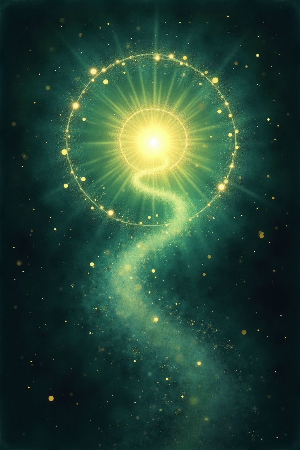 A soft, ethereal illustration for the aura colour reading "Green and purple aura meaning". A green and purple aura blends the heart's steady growth with the crown's reach toward mystery, suggesting a person who tends both the practical garden of daily life and the invisible questions that hover above it. Together they speak of a healer's instinct paired with a seeker's imagination.