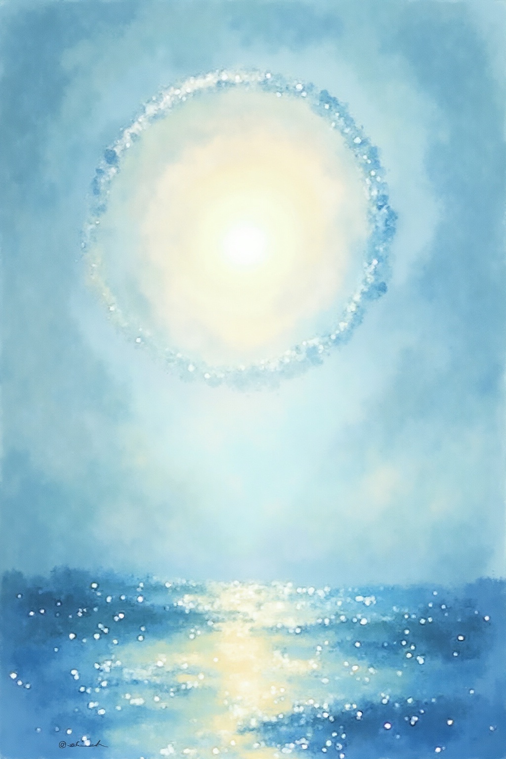 A soft, ethereal illustration for the aura colour reading "Light blue aura meaning". A light blue aura speaks of a gentle, communicative spirit, someone whose emotional world runs calm and clear on the surface, with a natural gift for soothing others and expressing truth without force.
