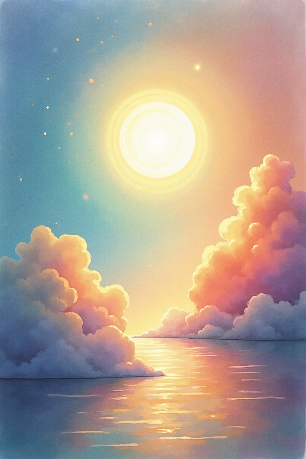 A soft, ethereal illustration for the aura colour reading "Rainbow aura meaning". A rainbow aura suggests a spirit in full bloom, someone whose emotional, mental, and spiritual layers are all lit up at once. It speaks of versatility, radiant energy, and a nature that refuses to be reduced to one hue.