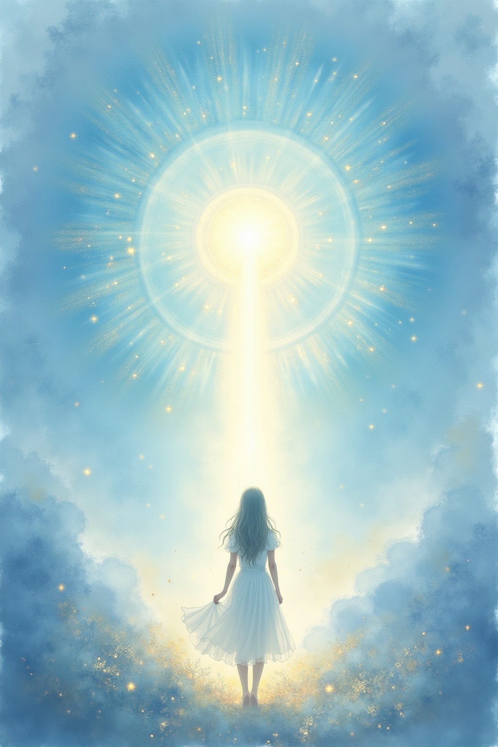 A soft, ethereal illustration for the aura colour reading "Royal blue aura meaning". A royal blue aura speaks of deep intuitive clarity paired with natural authority, suggesting someone who leads from inner conviction rather than ego. It blends the calm depth of blue with a richness that signals confident, trustworthy communication of truth.