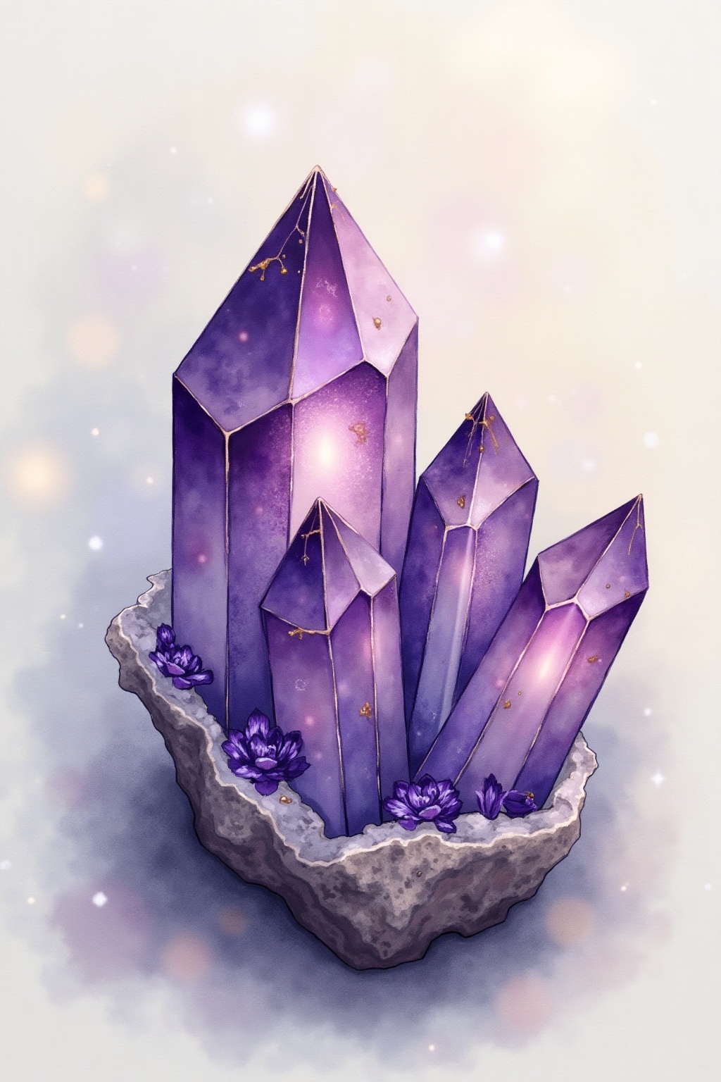 A soft, ethereal illustration for the crystal reading "Amethyst meaning". Amethyst is a violet quartz long associated with calm, clarity, and spiritual attunement, prized historically as a stone of sobriety and protection and embraced today as a companion for reflection, intuition, and inner balance.