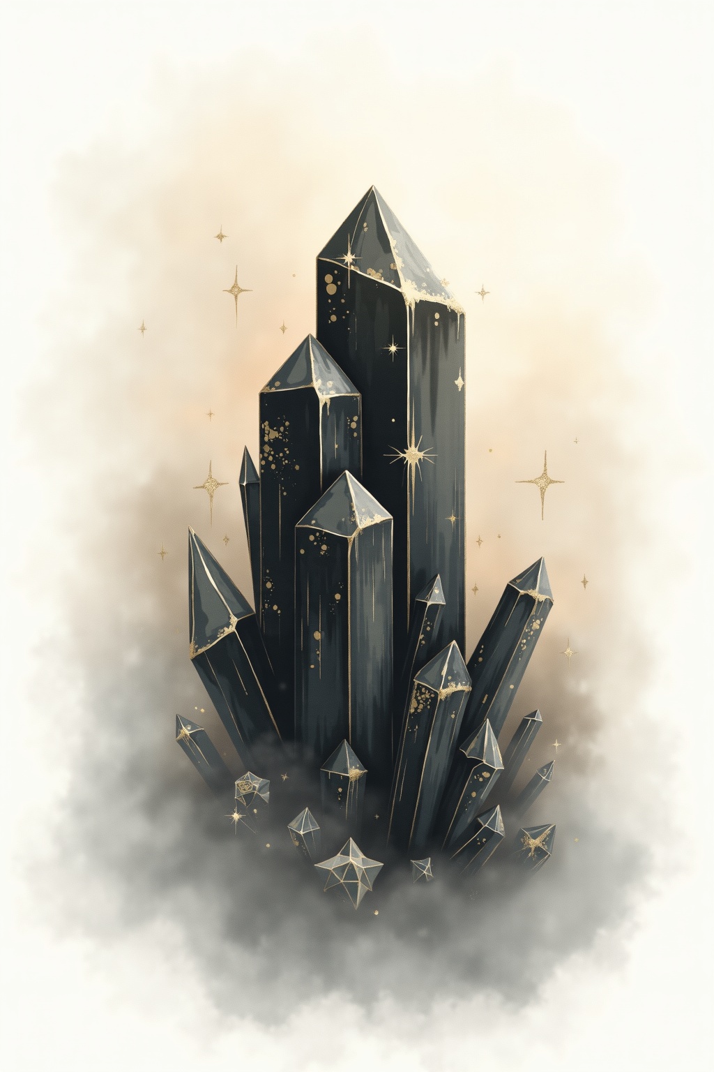 A soft, ethereal illustration for the crystal reading "Black tourmaline meaning". Black tourmaline is widely regarded as a grounding, protective stone, associated with the root chakra, emotional boundaries, and the quiet work of clearing out what no longer serves you. Its meaning centers on stability, shielding, and honest self-reckoning rather than escapism.