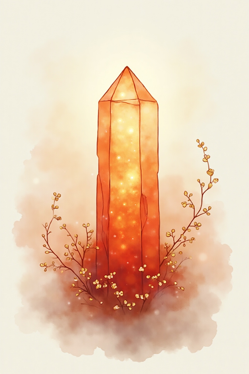 A soft, ethereal illustration for the crystal reading "Carnelian meaning". Carnelian is a stone of vitality and courage, traditionally linked to the sacral center, creativity, and the willingness to act rather than wait. Understanding its meaning invites a personal reflection on where you feel stagnant and what small brave step might restore your momentum.