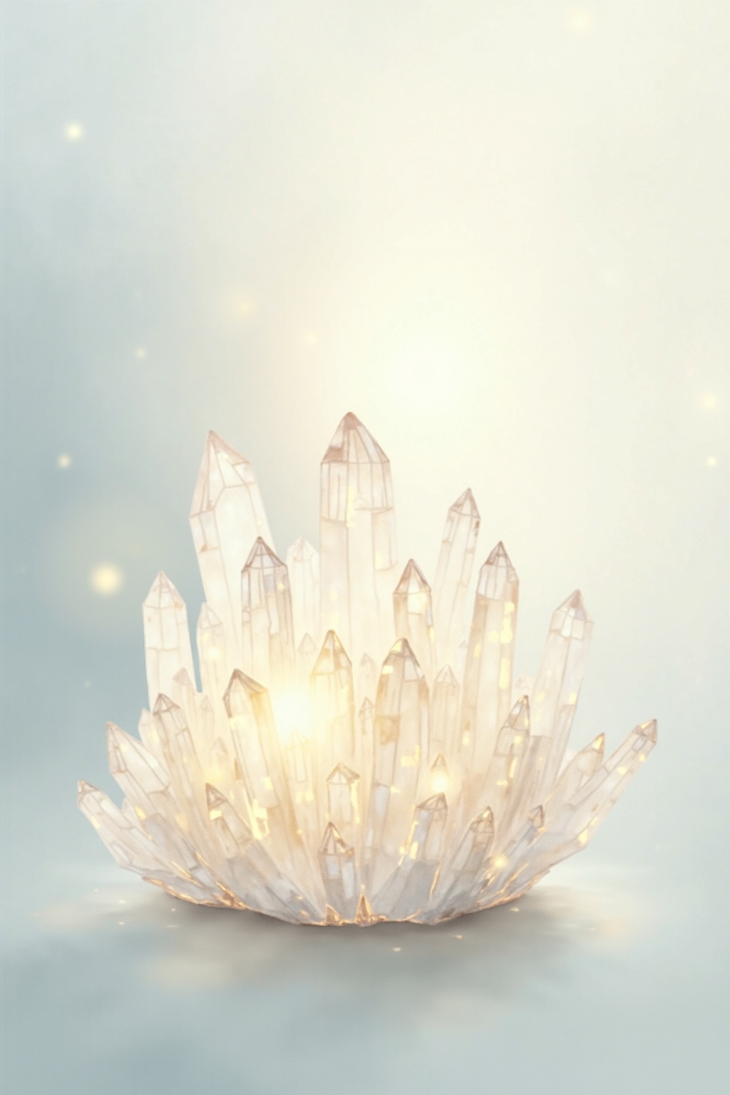 A soft, ethereal illustration for the crystal reading "Clear quartz benefits". Clear quartz is often called the 'master healer' in crystal traditions, valued as a stone of clarity, amplification, and intention setting. Its reflective significance centers on illumination, focus, and the idea of magnifying whatever energy or purpose one brings to it.