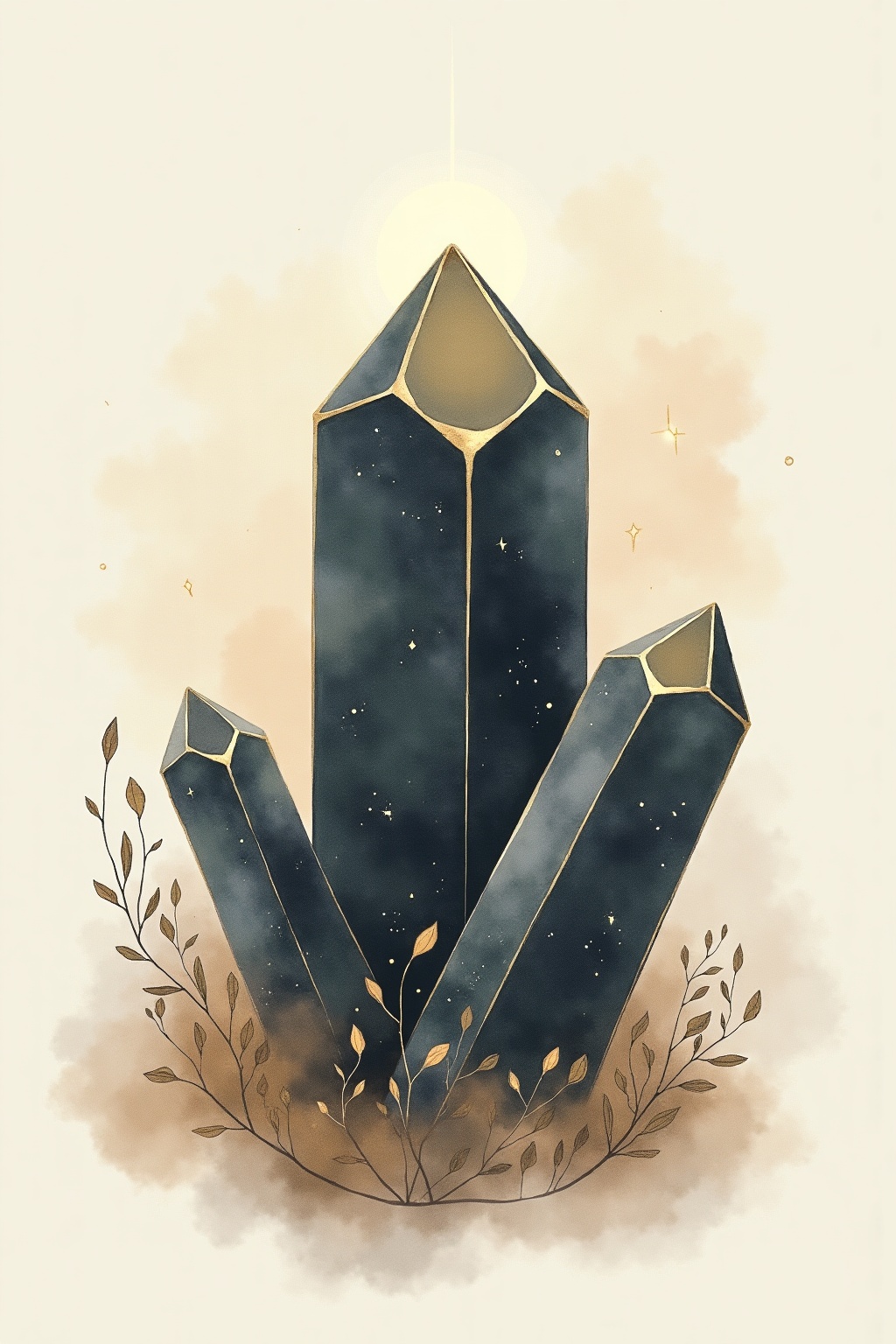A soft, ethereal illustration for the crystal reading "Obsidian meaning". Obsidian is volcanic glass long associated with truth, protection, and shadow work, valued as a mirror for self-reflection rather than a gemstone of softness. Its meaning centers on grounding, clarity, and the courage to face what lies beneath the surface.
