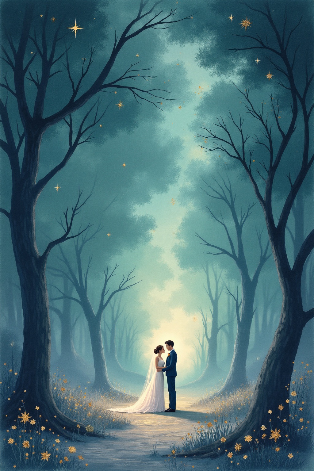 A soft, ethereal illustration for the dream reading "Dream about a wedding". A wedding in a dream rarely speaks literally about marriage. It tends to point toward union, commitment, and transition, the joining of different parts of your life or self into something newly whole.