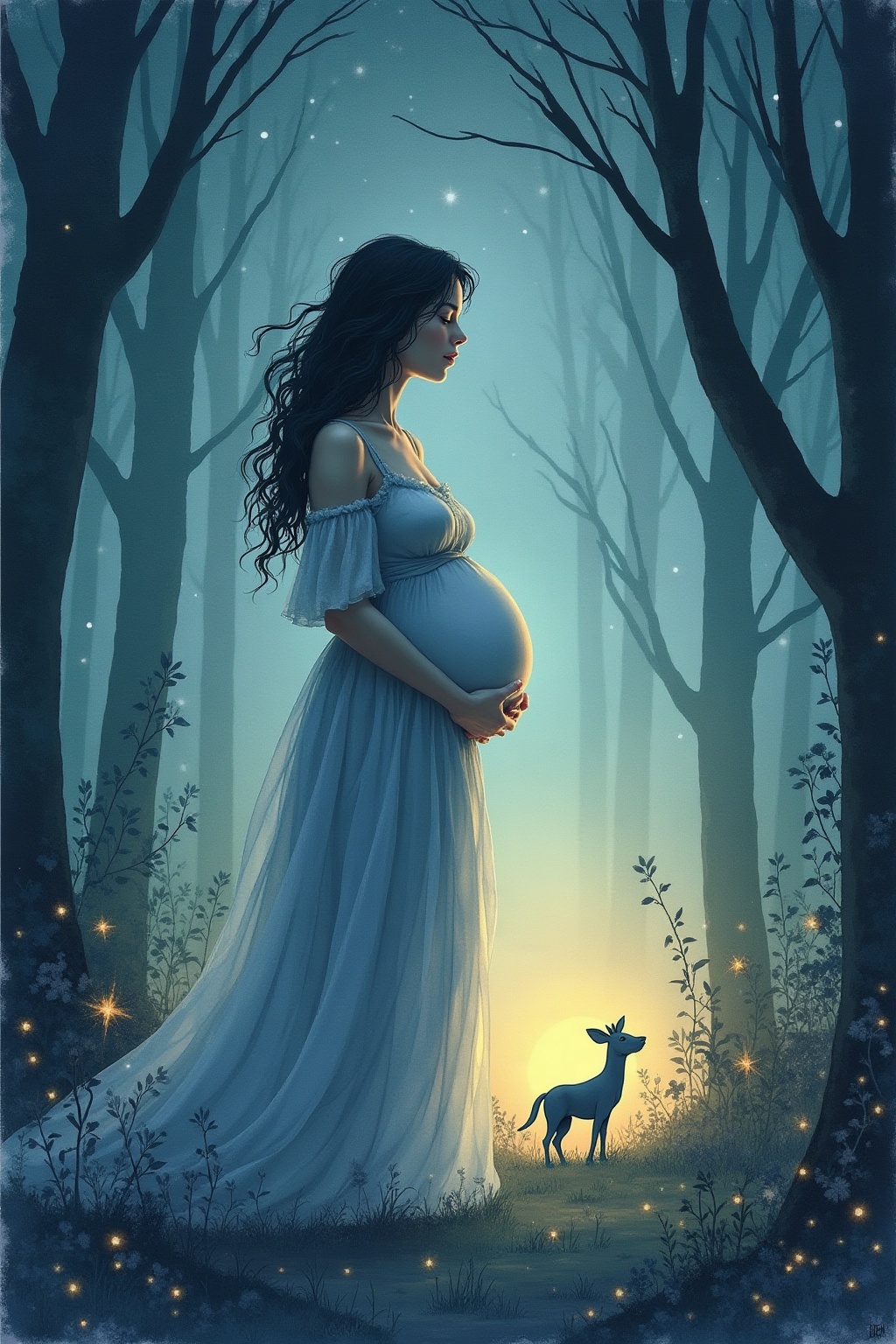 A soft, ethereal illustration for the dream reading "Dream about being pregnant". Dreaming of being pregnant often speaks to something new quietly forming within you, whether that is an idea, a relationship, a creative project, or a version of yourself still taking shape. It rarely predicts an actual pregnancy and instead points to inner growth, anticipation, and the tender vulnerability of carrying something not yet ready to be seen.