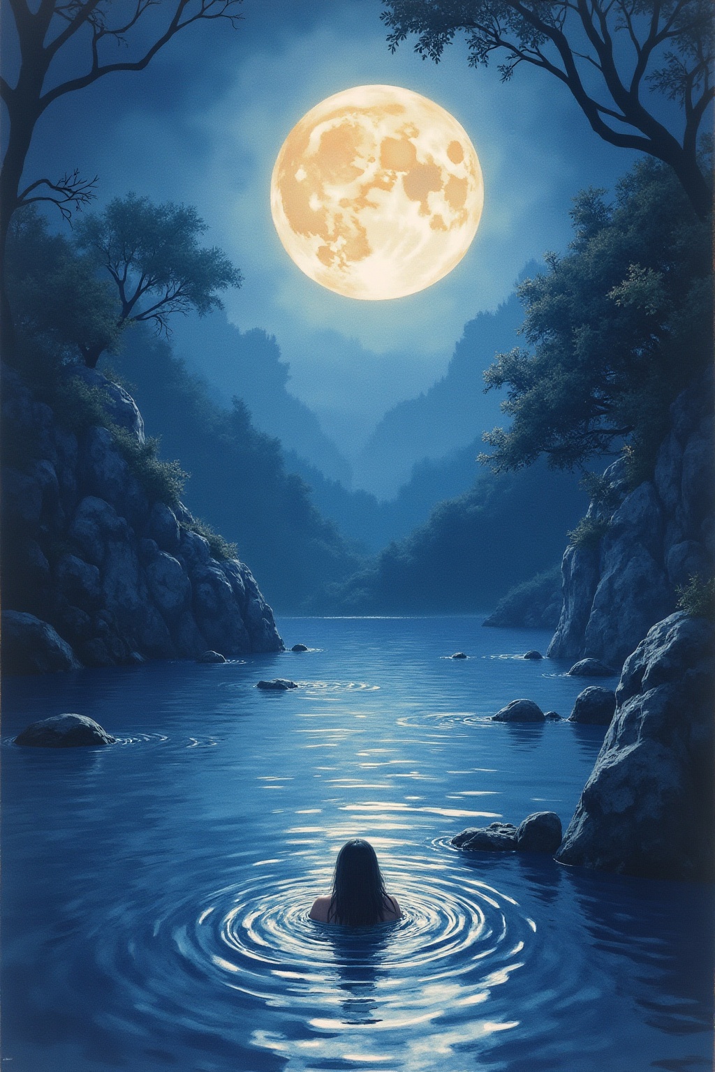A soft, ethereal illustration for the dream reading "Dream about drowning". Dreams of drowning often surface when waking life feels emotionally overwhelming, as though something is pulling you under faster than you can process it. The water in these dreams tends to symbolize feelings, circumstances, or responsibilities that have grown larger than your current capacity to manage them.