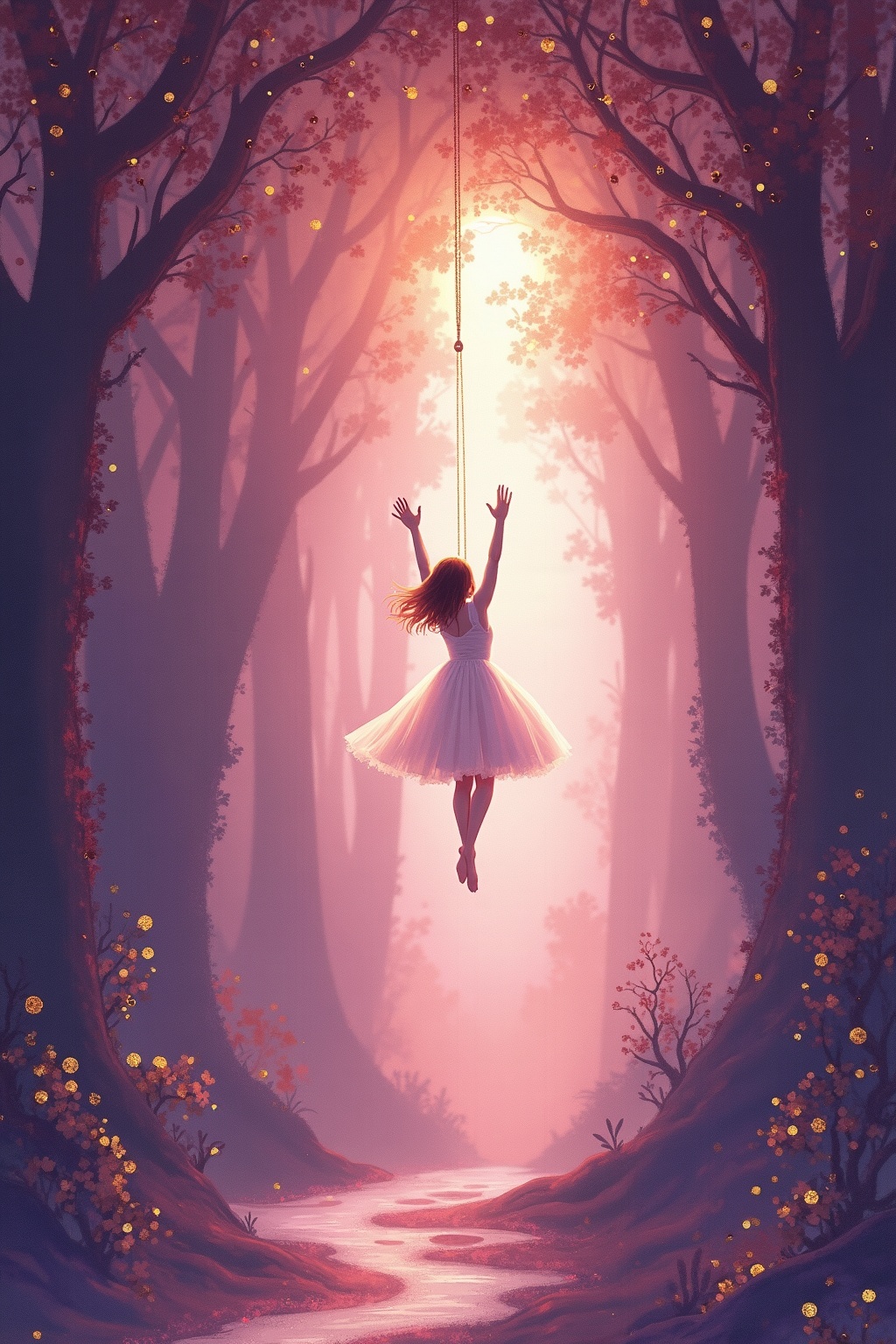 A soft, ethereal illustration for the dream reading "Dream about falling". Falling in a dream often mirrors moments in waking life where control feels uncertain, whether that is a relationship, a job, or an internal sense of stability. Rather than a warning, it tends to reflect the mind processing where you feel unsupported or in transition.