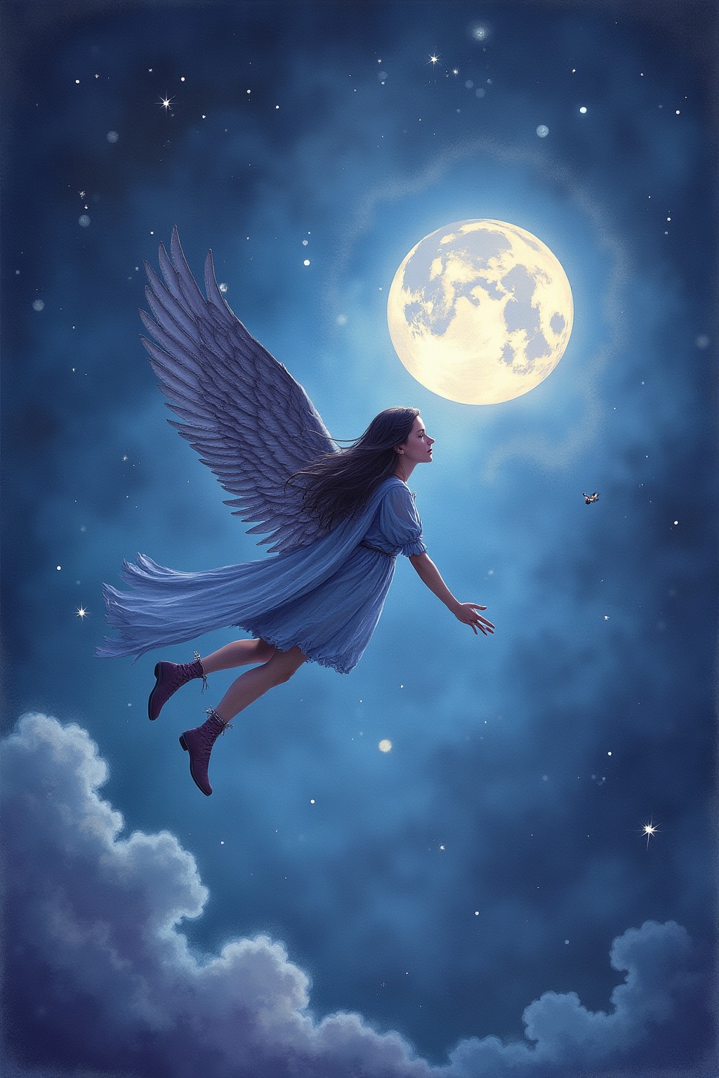 A soft, ethereal illustration for the dream reading "Dream about flying". Flying dreams often surface during moments when the psyche is testing the edges of its own freedom, reaching for release from something that has felt heavy, confining, or overly controlled in waking life.