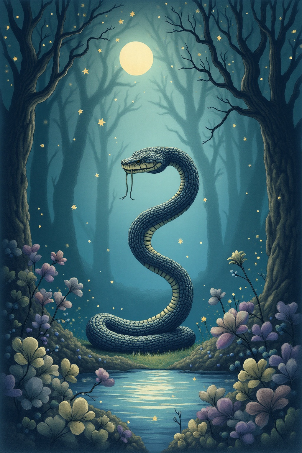 A soft, ethereal illustration for the dream reading "Dream about snakes". Dreaming of snakes often points to transformation, hidden fears, or powerful energies stirring beneath the surface of your waking life, rather than literal danger. The meaning shifts with how the snake behaves and how you feel in its presence.