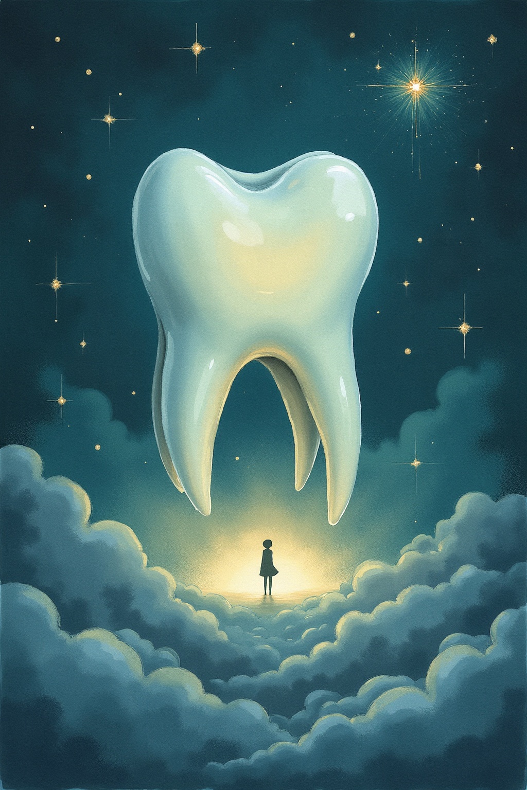 A soft, ethereal illustration for the dream reading "Dreaming about losing teeth". Losing teeth in a dream often reflects an inner reckoning with change, vulnerability, or the fear of losing control over how others perceive you. It rarely predicts anything literal, instead pointing toward a season of transition and self-appraisal.