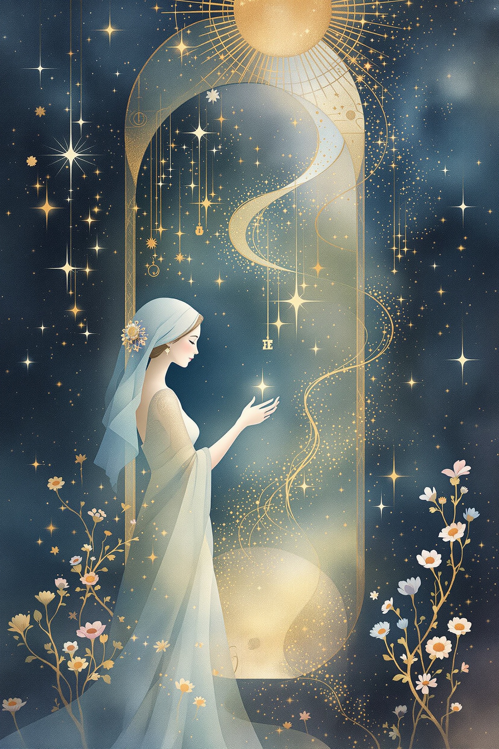 A soft, ethereal illustration for the dream reading "I dreamed about my grandmother giving me keys in my childhood home". This dream weaves together three deeply resonant symbols, an ancestral guide, a passage of access, and the architecture of your earliest memories, suggesting a moment of inner transition where inherited wisdom meets your readiness to open something new in yourself.