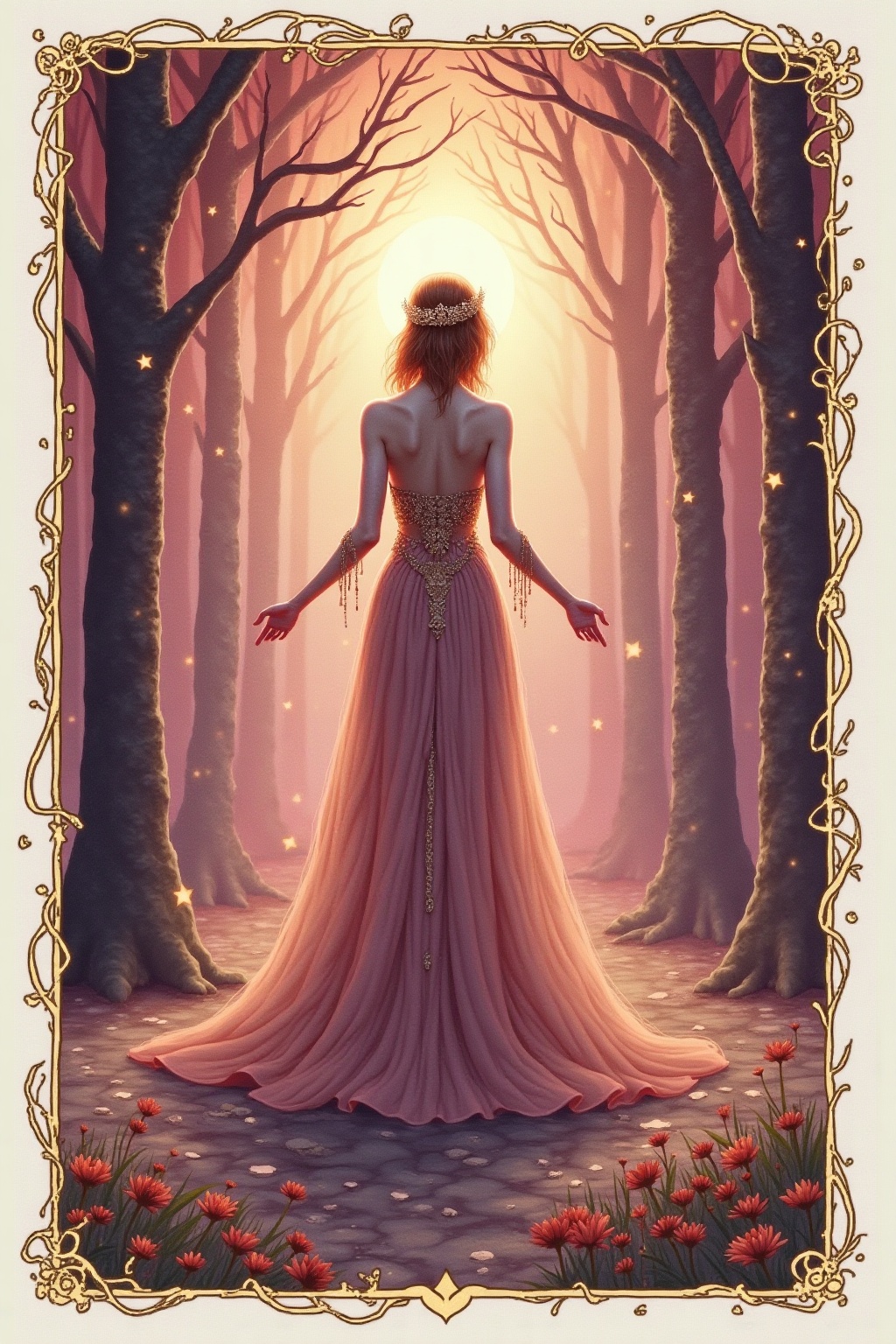 A soft, ethereal illustration for the tarot card reading "The empress tarot card". The Empress speaks to a season of nurturing, creative unfolding, and abundance, whether she appears in answer to a question about love, career, or personal growth. Reversed, she points to blocked creativity or depleted self-care, inviting a gentler return to your own needs.