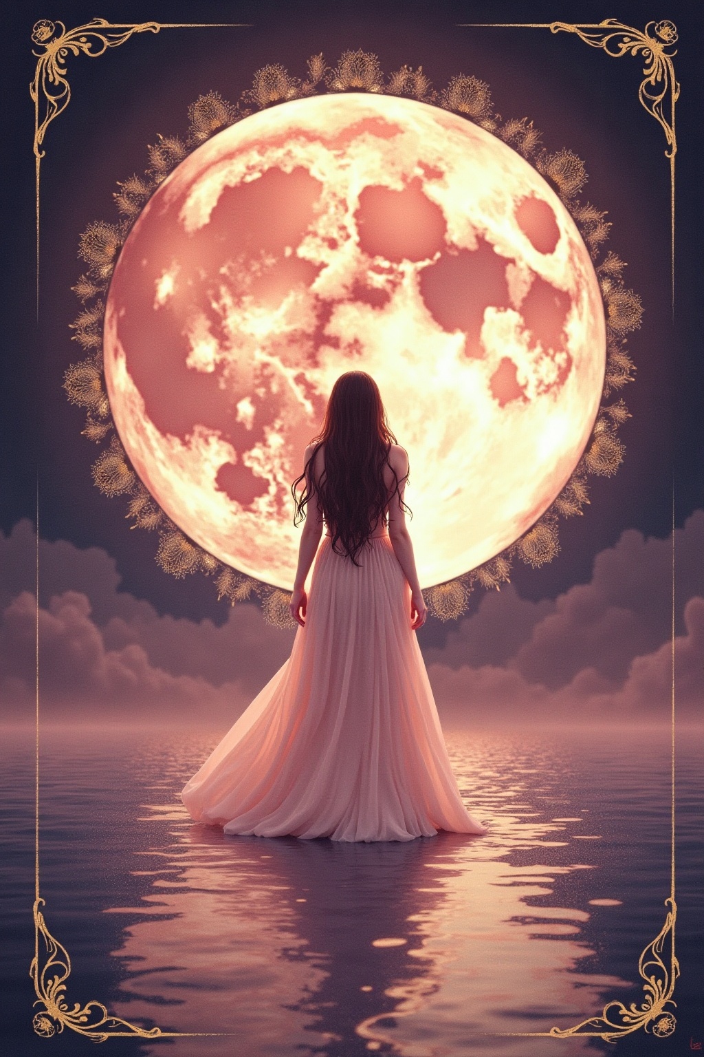 A soft, ethereal illustration for the tarot card reading "The moon tarot meaning". The Moon invites you to trust your intuition even when the path ahead feels unclear, honoring the wisdom found in dreams, uncertainty, and the parts of yourself not yet fully illuminated.