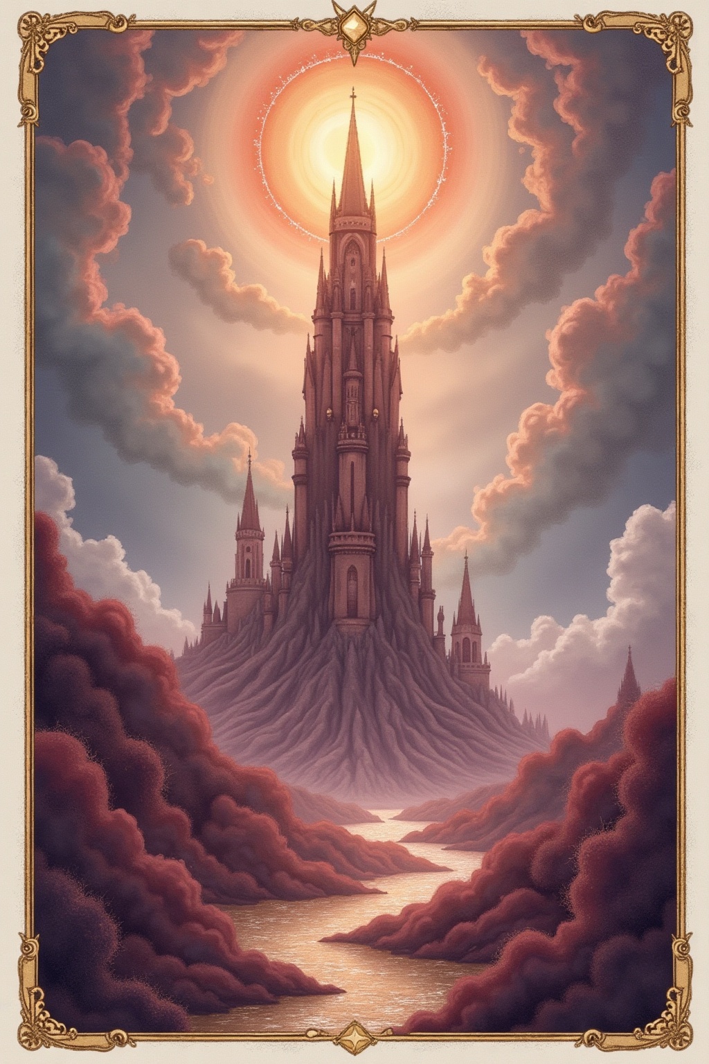 A soft, ethereal illustration for the tarot card reading "The tower tarot meaning". The Tower represents sudden upheaval that clears away false structures, and whether it appears upright or reversed shapes how that upheaval is felt and understood.